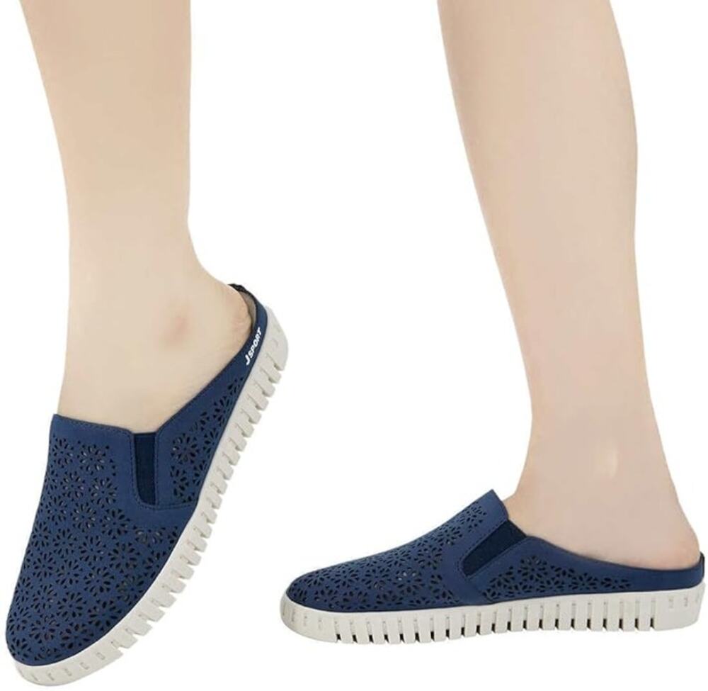 Jsport Floral Slip On Mule Women's 9M Navy Blue Perforated Comfort Shoes Pull On